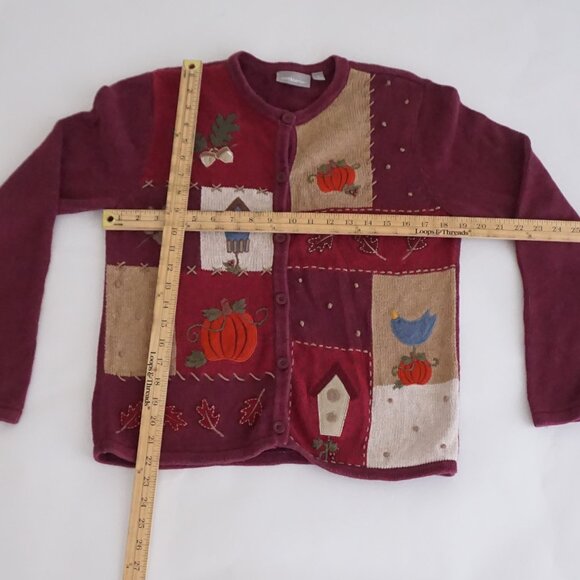Croft & Barrow Burgundy Patchwork Pumpkin Birdhouse Cardigan Holiday Harvest S - Picture 3 of 9